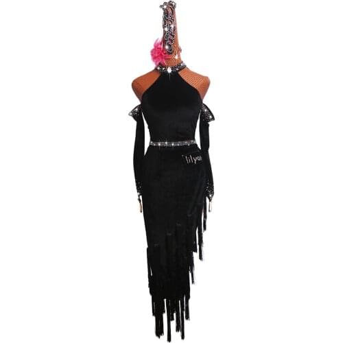 Latin Dance Competition Costume Performance Costume Adult Womens Chinese Black Slimming tassels Skirt #LD0080