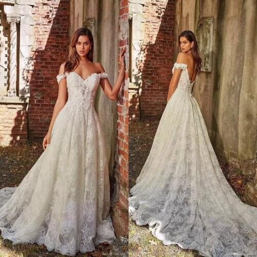 Hot Off the Shoulder Lace Wedding Dresses Applique Sleeveless Sweep Train Long Bridal Gowns Sexy Backless Custom Made A Line