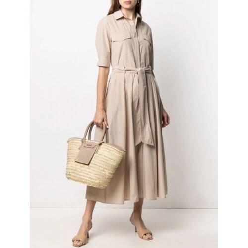 Summer Khaki Dress 2021 New Turn Down Collar Front Single Breasted Safari Style Double Pocket Womens Dress With Sashes