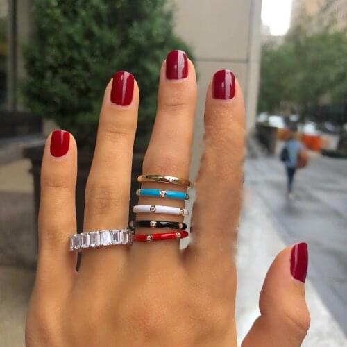 Fashion casual blue black white red enamel cz bezel gold color plated finger rings for OL lady wedding party ring jewelry gift