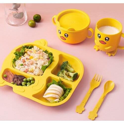 Kids Dinnerware Set Dinner Feeding Food Plate Children Training Dishes Bowl Cup Spoon Fork Cute Duck Cartoon Tableware Set