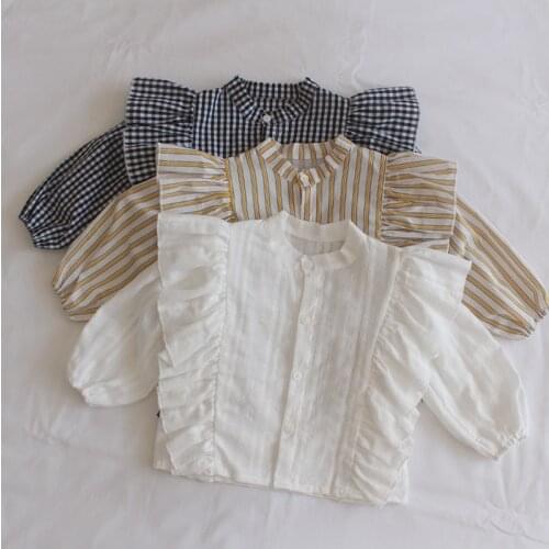 New Autumn Baby Girls Ruffles Princess Blouses Plaid Striped Long Sleeve Tops Korean Style Toddlers Kids Clothes Infants Shirts