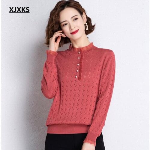 XJXKS Pure color all-match women sweater 2021 spring autumn new wool knitted thin sweater women pullover