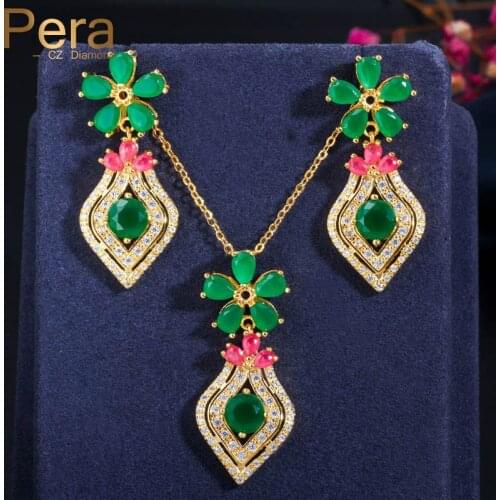 Pera Afican Nigerian 585 Gold Pineapple Big Flower Drop CZ Paved Earrings and Pendant Necklaces Women Party Jewelry Sets J308