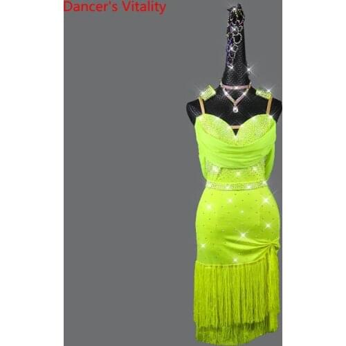 Latin Dance Dress Sling Diamond Tassel Skirt Competition Clothes High-End Profession Custom Adult Child Performance Clothing