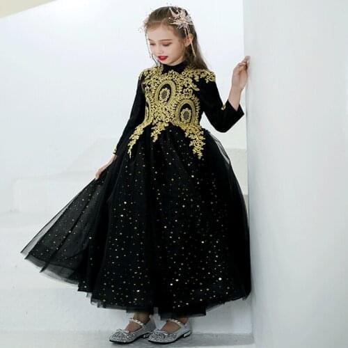 Flower Girl Dresses High Three Quarter Princess Floor-Length Tulle Sequined Embroidery Luxury Black Lace Kids Party Gown H175