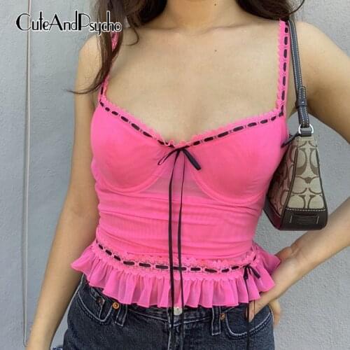 Y2K Aestehtic Pink Cute Crop Tops for Women Lace-up Bow Sexy Ruched Camisole Korean Fashion Mesh Corset Tops 90s Cuteandpsycho