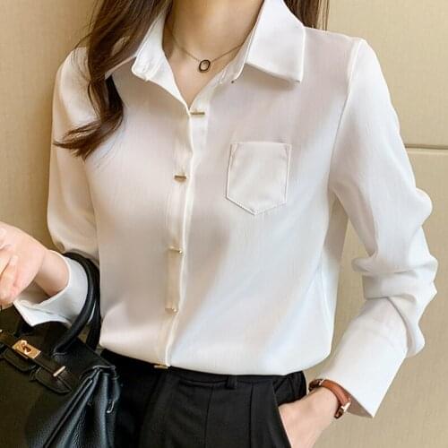 Long Sleeve Chiffon White Blouse Shirt Blouse Women Blusas Mujer De Moda 2021 Turn Down Collar Office Blouse Tops Blusa E200