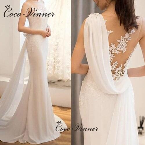 Illusion Back Lace Appliques Chiffon Mermaid Wedding Dress Europe Style Sleeveless Ivory Color Custom Made Bridal Dresses W0924