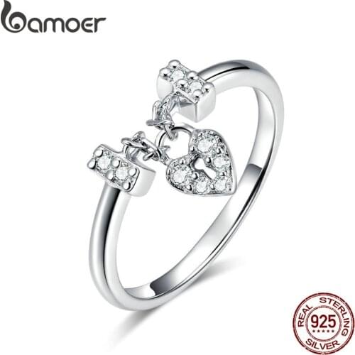 BAMOER Genuine 925 Sterling Silver Love Heart Lock Luminous CZ Wedding Rings for Women Sterling Silver Jewelry SCR466