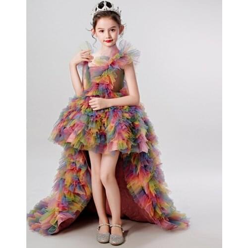 Colorful Rainbow Flower Girls Dresses Detachable Train Girls Colorful Birthday Party Celebrity Dresses Custom