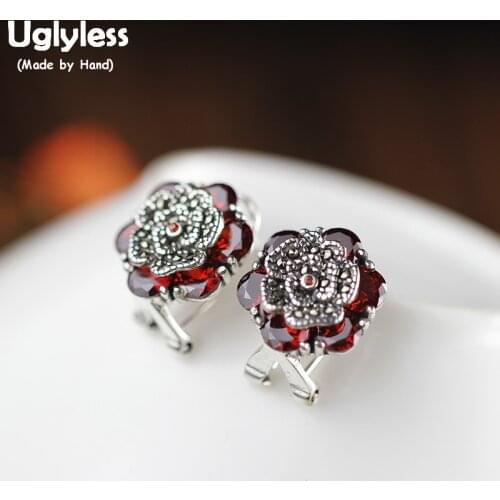 Uglyless Vintage Thai Silver Marcasite Studs Earrings for Women Garnet Flower Earrings Solid 925 Silver Brincos Fine Jewel E1629