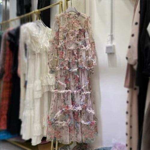 2021 Summer New Bohemia Floral Dress Temperament Womens Long Sleeve Stand Collar Belt Waist Dresses Lady Holiday Clothes