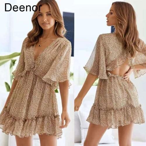 Deenor Boho Floral Print Dress Vintage V Neck Short Sleeve Mini Dress Summer Dresses for Women 2021 Sexy Party Pink Sundress