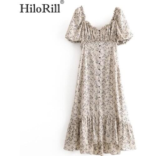 HiloRill Floral Print Elegant Dress Women V Neck Vintage Midi Dress Lantern Short Sleeve Female Pleated Dress Vestidos De Fiesta