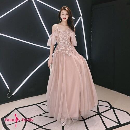 Beauty Emily 2019 Hanging V Neck Evening Dresses Pink Floral Lace Appliques Ruffles Tulle Open Back Ribbons Sexy Party Dresses