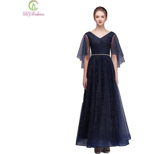 SSYFashion New Simple Evening Dress V-neck Floor-length Shiny Elegant Navy Blue Party Gown Custom Formal Dresses Robe De Soiree
