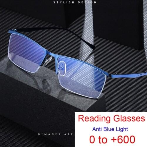 Anti Blue Light Reading Glasses Men Computer Half Frame Vintage Glasses Mens corrective Glasses Business Spectacle Frames +1 +6