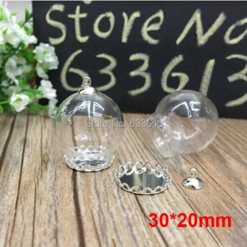 Free ship!! 50sets/lot silver color 30*20mm glass globe & lace base & 8mm cap set glass globe set glass vial pendant glass cover