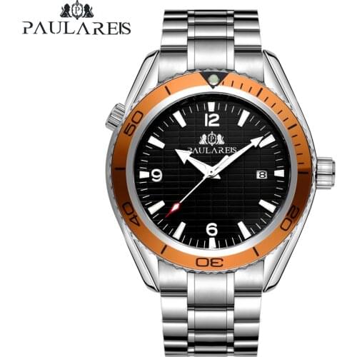 Automatic Self Wind Mechanical Stainless Steel Strap Simple Orange Blue Bezel Date Business Men Watch