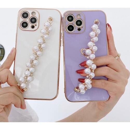 6D Plating Wrist Chain Strap Heart Phone Case For iPhone12 Mini 7 8 Plus X XR XS Max 11 Pro MAX Rhinestone Pearl Bracelet Cover