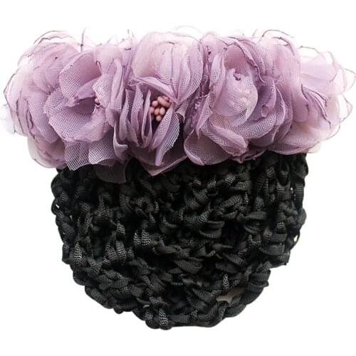 Elegant Pink Flower Fabric Hairpin Hairgrips Tie Hair Bow Clip Snood Cover Net Bun Professional Staff Dance Girls Accessories