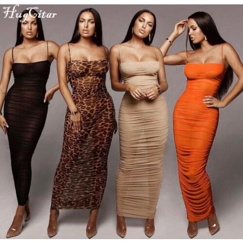 Hugcitar 2021 Sleeveless Straps Pleat See-Through Slash Neck Bodycon Solid Dress Summer Sexy Women Streetwear Y2K Party Club