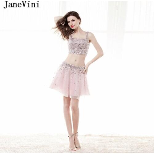 JaneVini 2019 Pink Homecoming Dresses for Girls Sexy Two Pieces Strapless Sparkle Beaded Short Prom Gowns Tulle Graduation Party