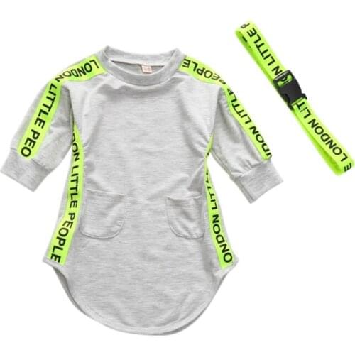 Long Sleeve Sweater Jumpsuit Girls Dress Letters Fluorescent Strips Grey Dress For Girls