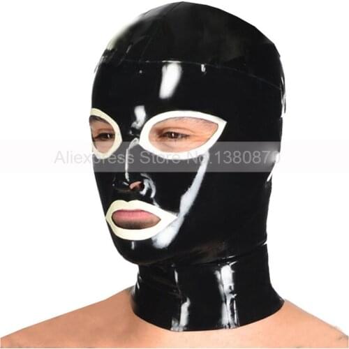 Latex Hood Black and White Trims Rubber Mask Hoods Back Zip Handmade S-LM217