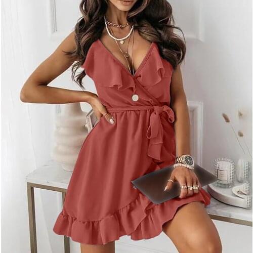 Summer Womens Solid Colors V-neck Ruffles High-waist Lace-up Sexy Sleeveless Suspender Party Beach Dress Sundress Vestidos#35