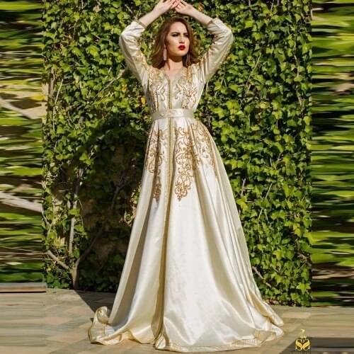 Moroccan Kaftan Caftan Muslim Evening Dresses A-line V-neck 3/4 Sleeves Beading Dubai Arabic Turkey Abaya Islamic Evening Gown