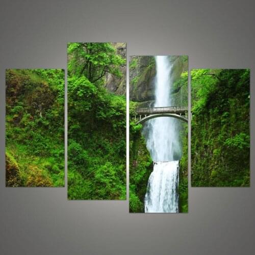 4 Panels Unframed Printed Green Tree And Waterfall Landscape Modular Paintings Restaurant Decor Print Poster Picture Canvas