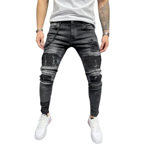 Mens Slim Fit Destroyed Comfy Stretch Jeans Pants Skinny Fit Ripped Patchwork Pencil Denim Pants