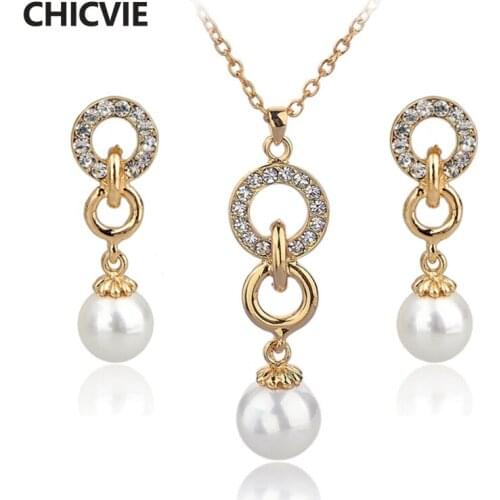 CHICVIE Vintage Wedding Engagement Jewelry DIY Sets More Gold Color Simulated Pearl Jewelry Set Earring Necklace Set SET1400020