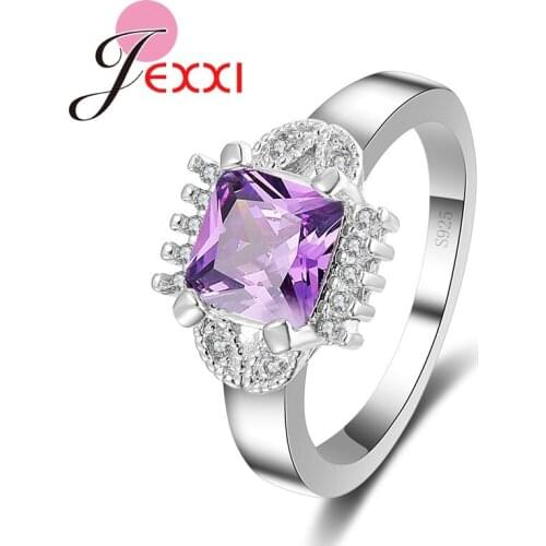 Charm Purple Cubic Zircon Crystal Engagement Rings For Woman Fashion Bridal 925 Sterling Silver Wedding Bands Promise Ring