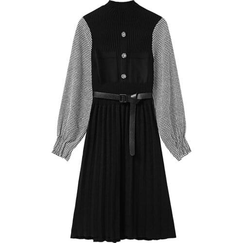 Fall & Winter Ladies Vintage Button Knitted Sweater Dress with Belt Long Sleeves Dress Woolen Bottoming Women Commuter Dress