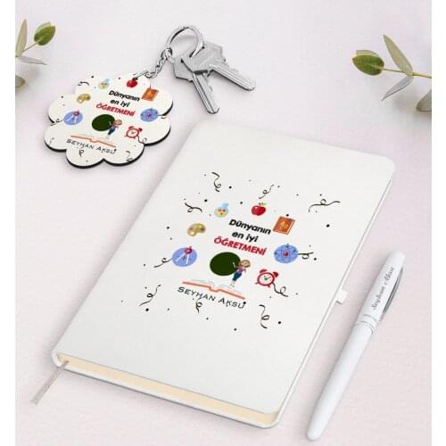 Personalized World Best Teacher White Notebook Pen And Keychain Gift Seti-24