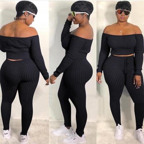 Sexy Plus Size Two Piece Set Jumpsuit Off Shoulder Crop Top+Lace Up Pants Tracksuit Fall Fashion Streetwear Matching Set