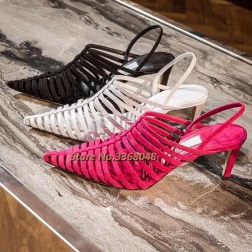 Hollow Rome Sandals Slingback Thin Medium Heel Summer Fashion European Sexy Pointed Toe Shoes Solid Suede Runway Women Shoes