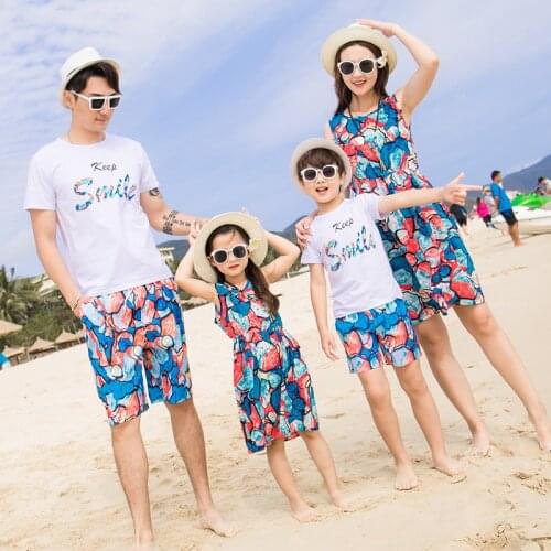 Family Matching Clothes Summer Mum Daughter Vocation Beach Chiffon Dresses Dad Son T-Shirt +Short Pants Couple Holiday Outfits
