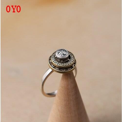 S925 Silver Jewelry Mens and Womens Prayer Wheel Ring, Thai Silver Old Buddha Ring