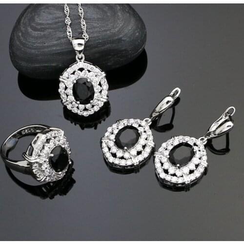 Silver 925 Punk Jewelry Sets Black Cubic Zirconia White Crystal For Women Party Decoration Earrings/Rings/Pendant/Necklace Set