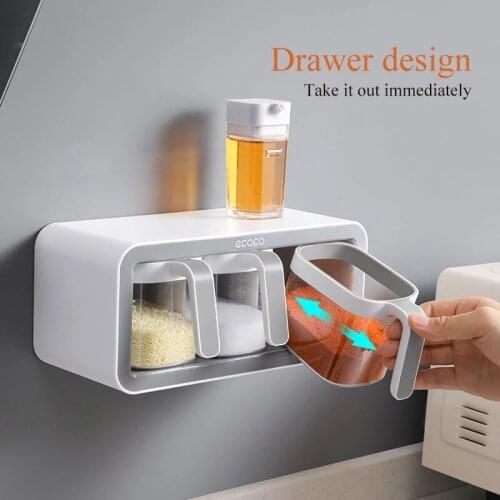 Wall Mount Spice Rack Set Salt Sugar Pepper Seasoning Tank Seal Waterproof Kitchen Gadgets Condiment Storage Boxes With Spoons