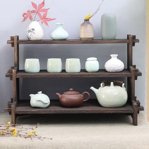 Solid Wood Flower Rack Antique-and-curio Shelves Tea Set Storage Rack Retro Teapot Cup Support Kungfu Tea Set Display Rack