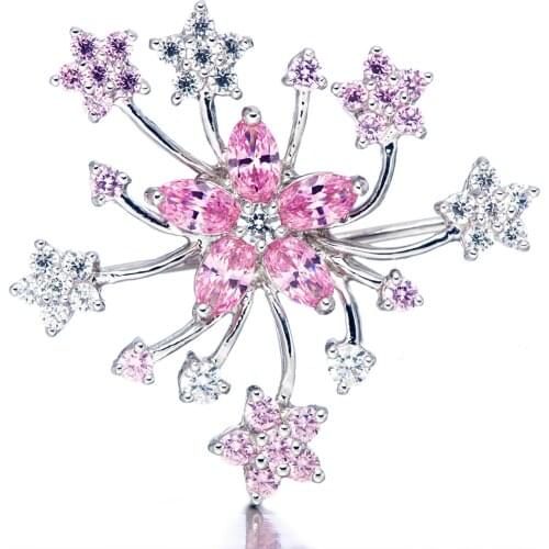 Pink Cubic Zirconia and CZ Rhodium Over Sterling Silver Brooch