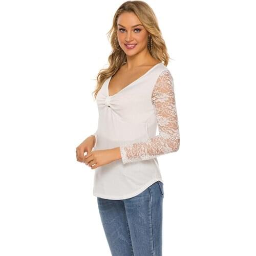 2020 Womens T-shirt Summer Solid Color Female Tops Ladies Bowknot V-neck T-shirt Female Lace Long Sleeve Tees