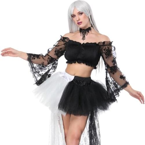 Women Black Sexy Ruffles Off Shoulder Lace Floral Tops Tees Ladies Short Strapless Crop Tops Long Sleeve Bandeau Boob Tube Tops
