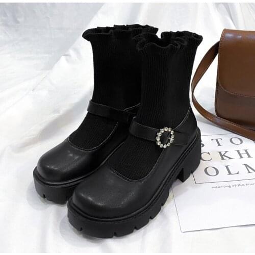 2021 New Women Autumn Sock Boots Female PU Leather Platform Buckle Shoes Ladies Comfortable Stretch Fabric Tube Casual Footwear