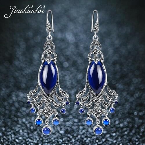 JIASHUNTAI Vintage Natural Sapphire Ruby G Peacock Earrings Retro 100% Sterling Silver Earring Fine Jewelry For Women